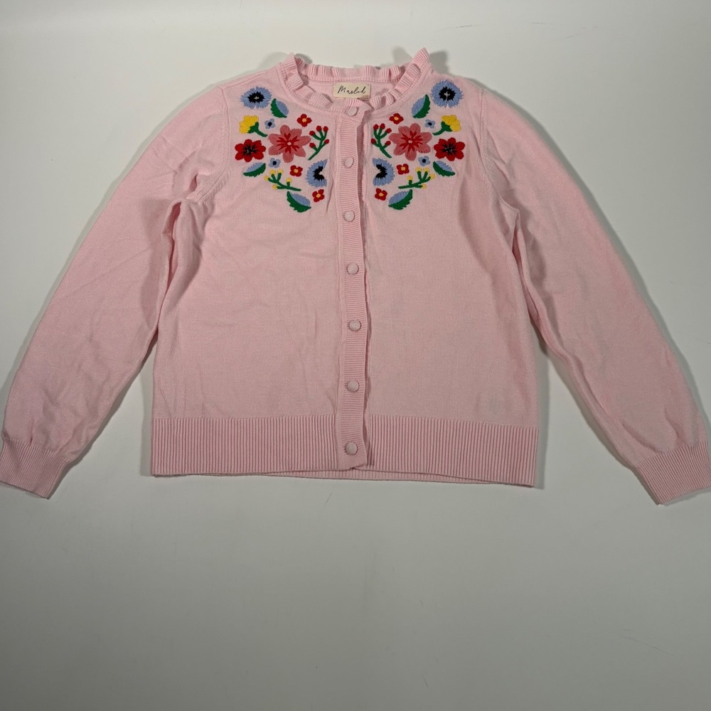 Marled Pink Floral Embroidered Cardigan Sweater Ruffle Neck Button Front M